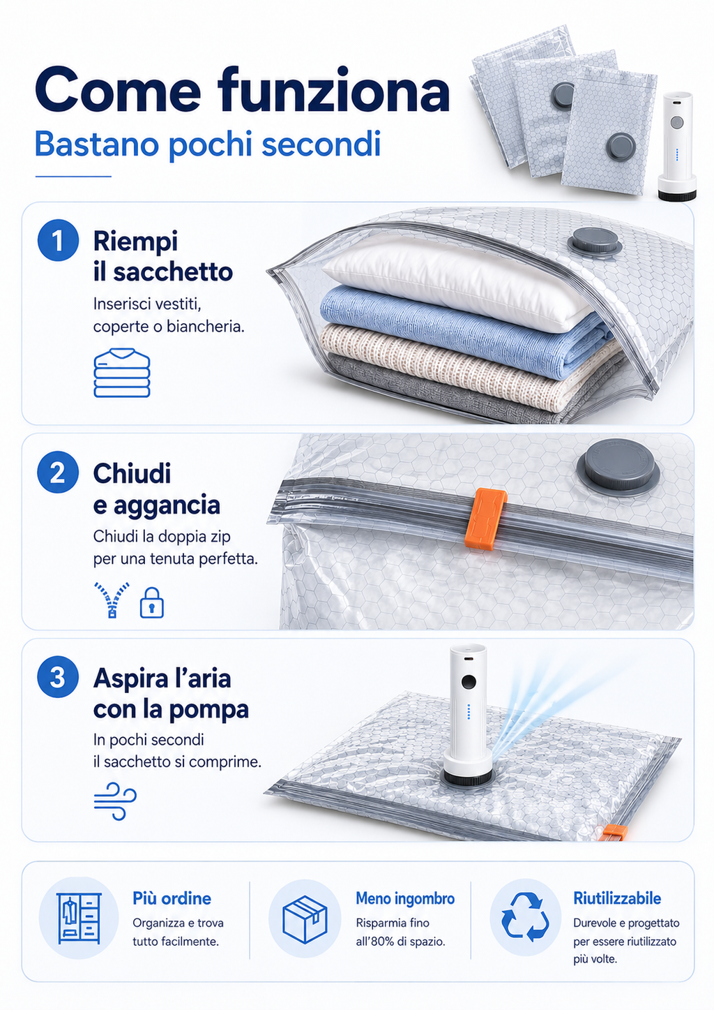 Sacchetti Sottovuoto Salvaspazio VacuNexa + Pompa Elettrica Ricaricabile