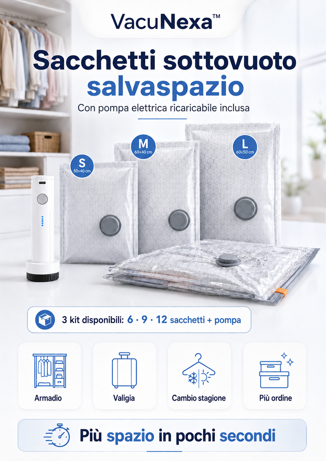 Sacchetti Sottovuoto Salvaspazio VacuNexa + Pompa Elettrica Ricaricabile
