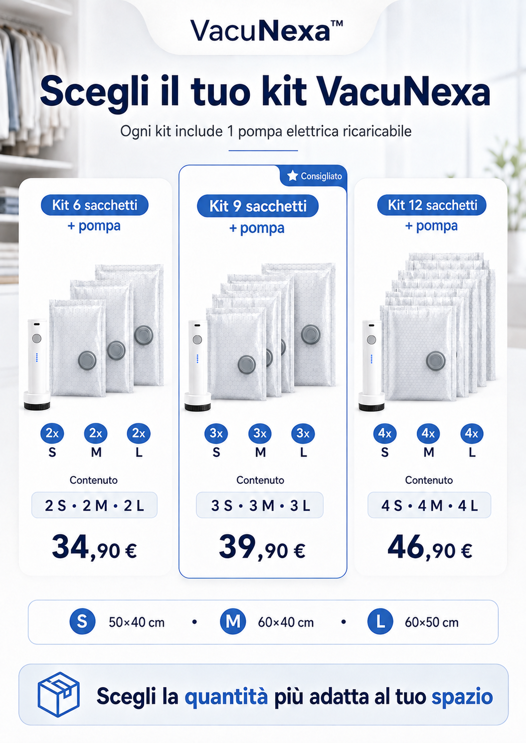 Sacchetti Sottovuoto Salvaspazio VacuNexa + Pompa Elettrica Ricaricabile