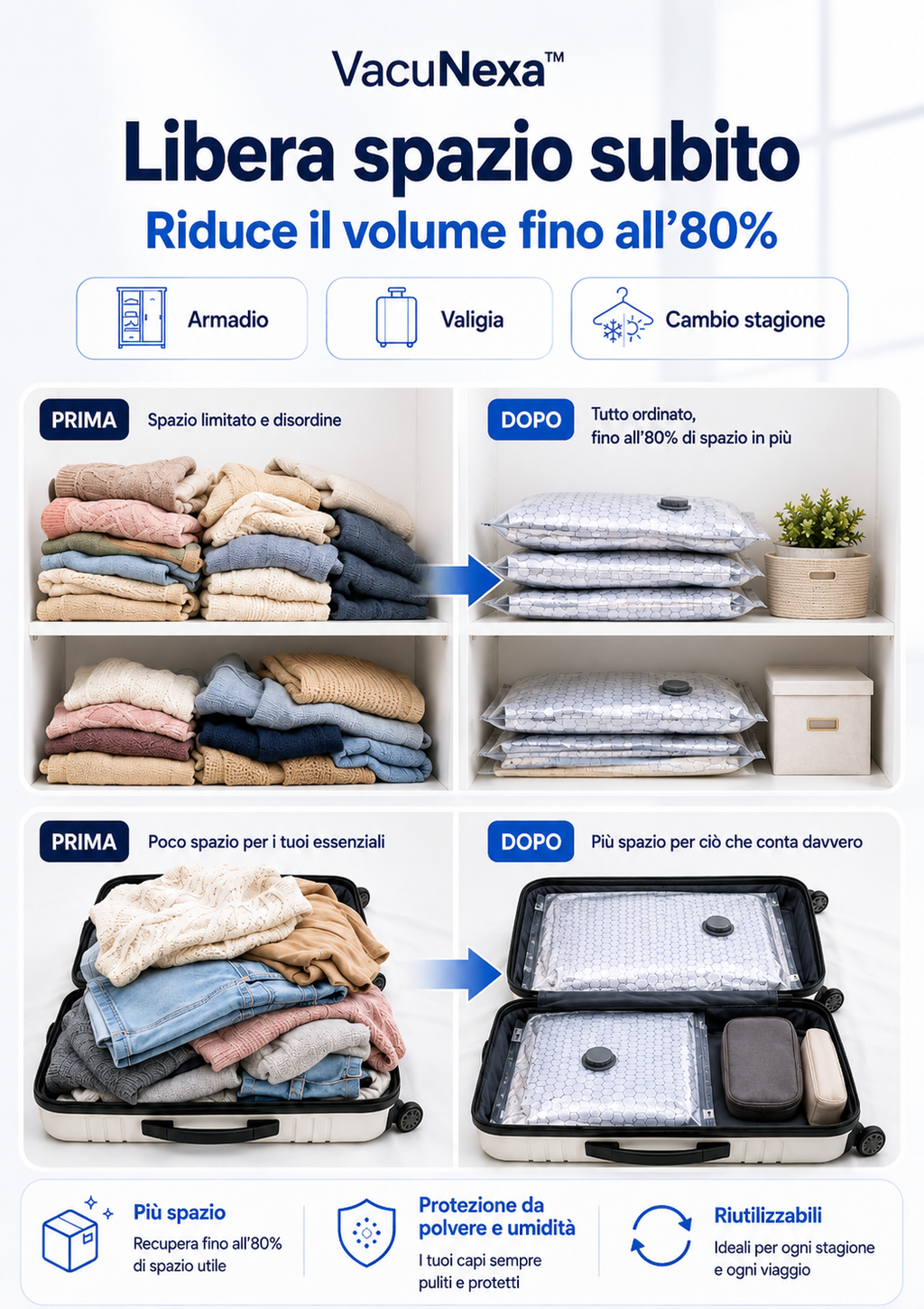 Sacchetti Sottovuoto Salvaspazio VacuNexa + Pompa Elettrica Ricaricabile