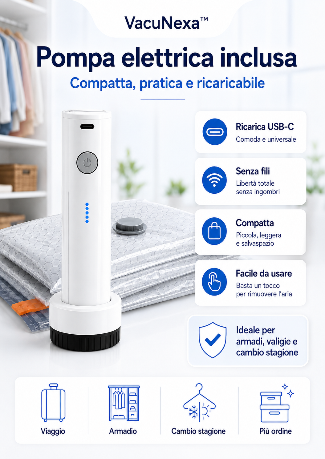 Sacchetti Sottovuoto Salvaspazio VacuNexa + Pompa Elettrica Ricaricabile