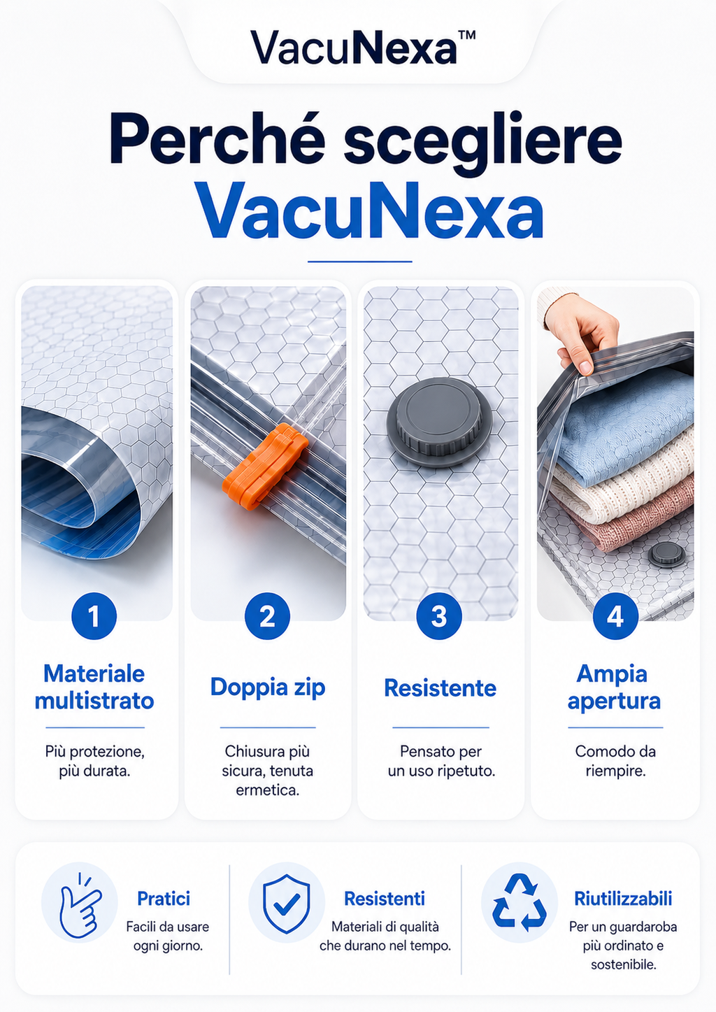 Sacchetti Sottovuoto Salvaspazio VacuNexa + Pompa Elettrica Ricaricabile